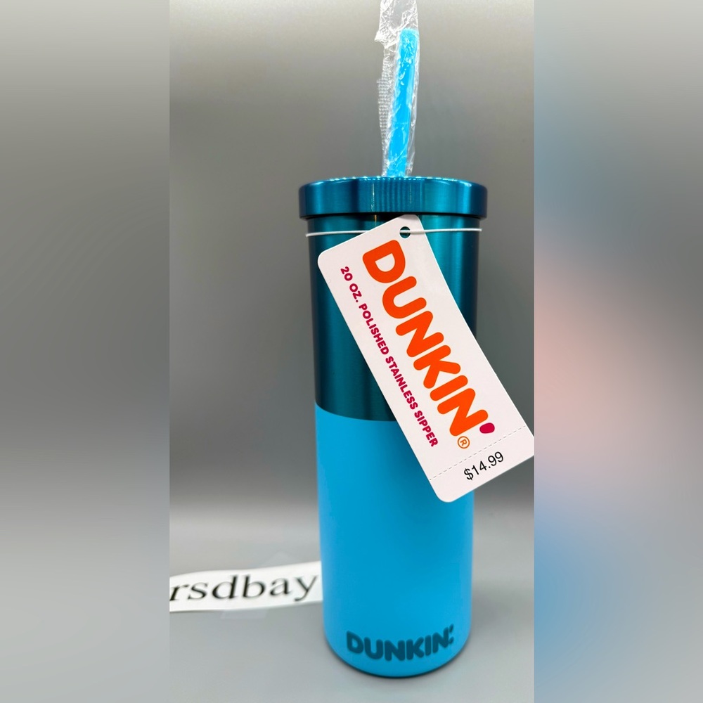Dunkin ' BLUE Polished/Matte Stainless Steel Sipper Tumbler 20oz - NWT